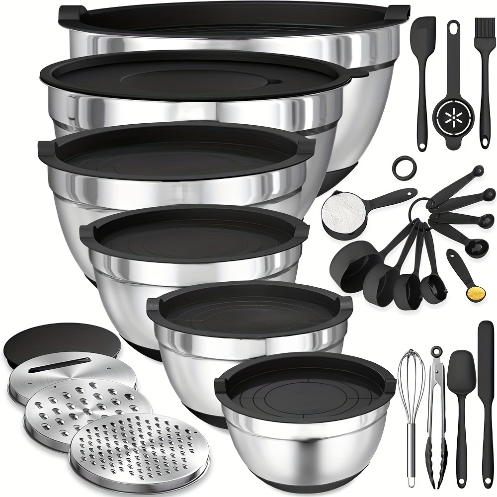 Kitchen Gadgets Design - ステンレス製ミキシングボウルセット,蓋付きミキシングボウル,おろし金アタッチメント,滑り止めキッチンガジェットセット,ミキシングとサービング,17個