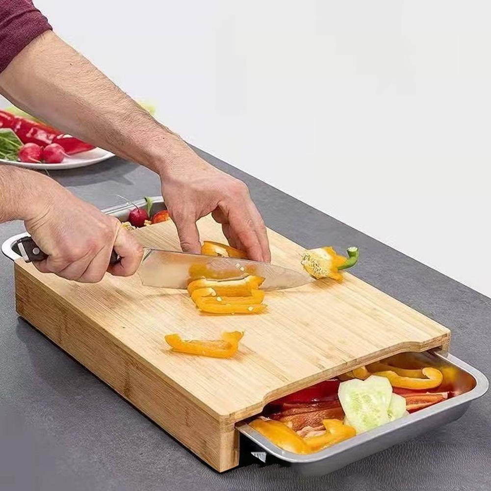 Bamboo Cutting Board - 竹製まな板 ステンレス製収納付き 隠しツールトレイ2個 滑り止め付き 簡単キッチンスライドクリーニング引き出し R2L4
