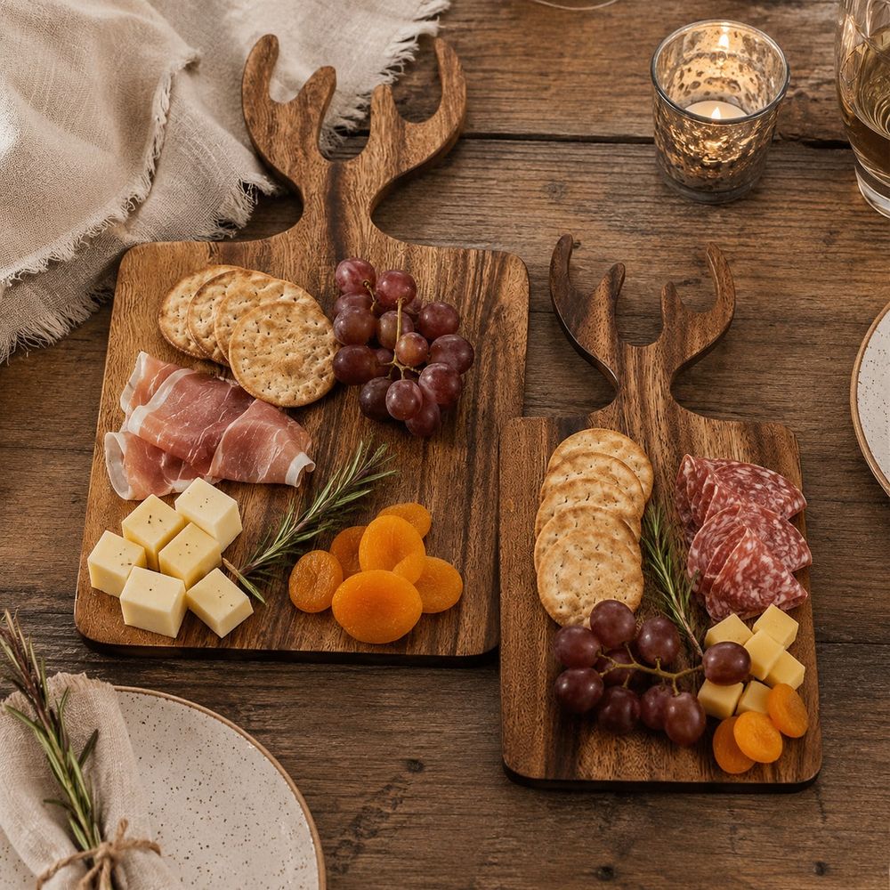 Bamboo Cutting Board - チーク材の鹿の角型カッティングボード、パンボード、野菜カッティングボード、フルーツカッティングボード、サービングトレイ 1個