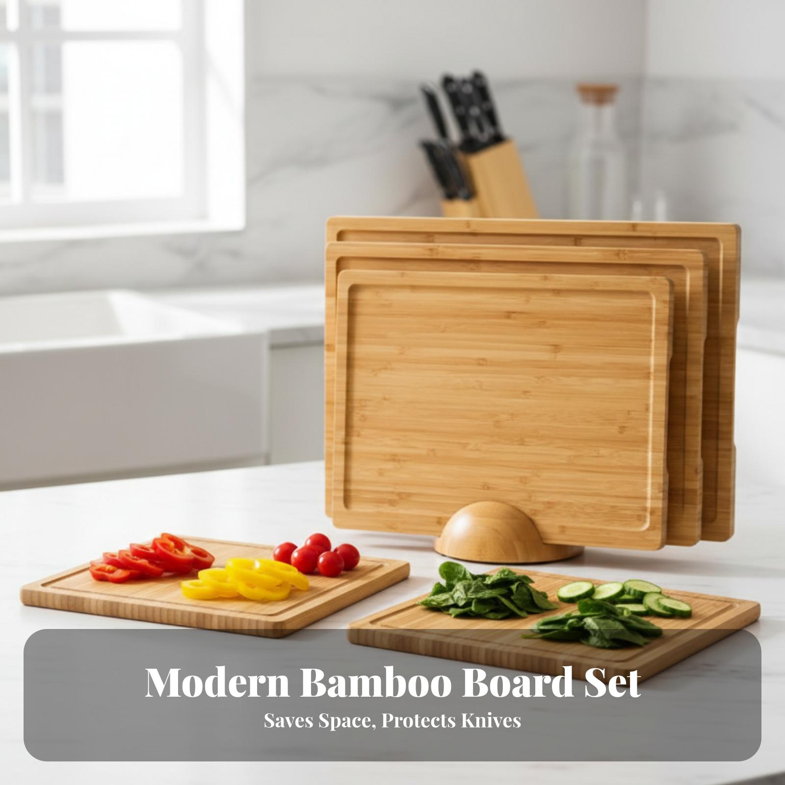 Bamboo Cutting Board - 竹製カッティングボード3枚セット 省スペースカッティングボード ホルダー付き スタンド付きチョッピングボード グリップしやすいキッチン用品
