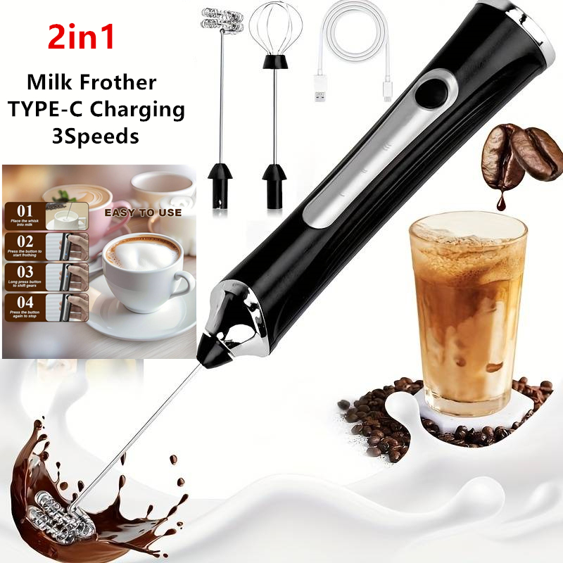 Milk Frother - ワイヤレス電動ミルク泡立て器と卵ビーター、タイプC 3段階速度調整ミニハンドヘルドコーヒー泡立て器、泡立て器、調理ツール