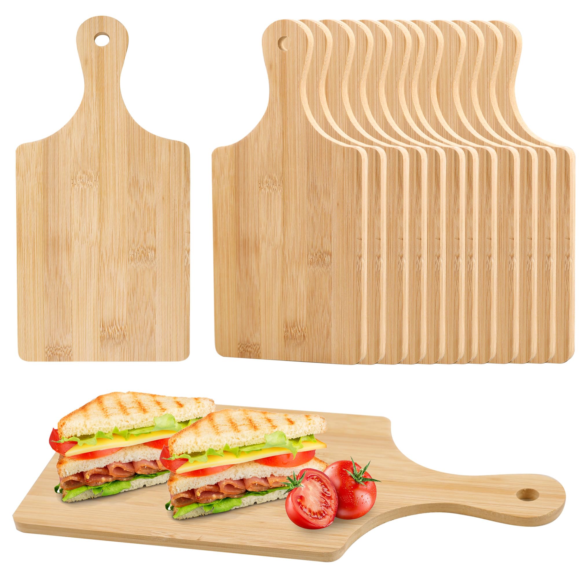 Bamboo Cutting Board - キャンプ用調理器具セット。竹製のまな板12枚入り。持ち手付きの木製まな板で、アウトドアでの料理、バーベキュー、ピクニックに最適。サイズ：11 x 5。