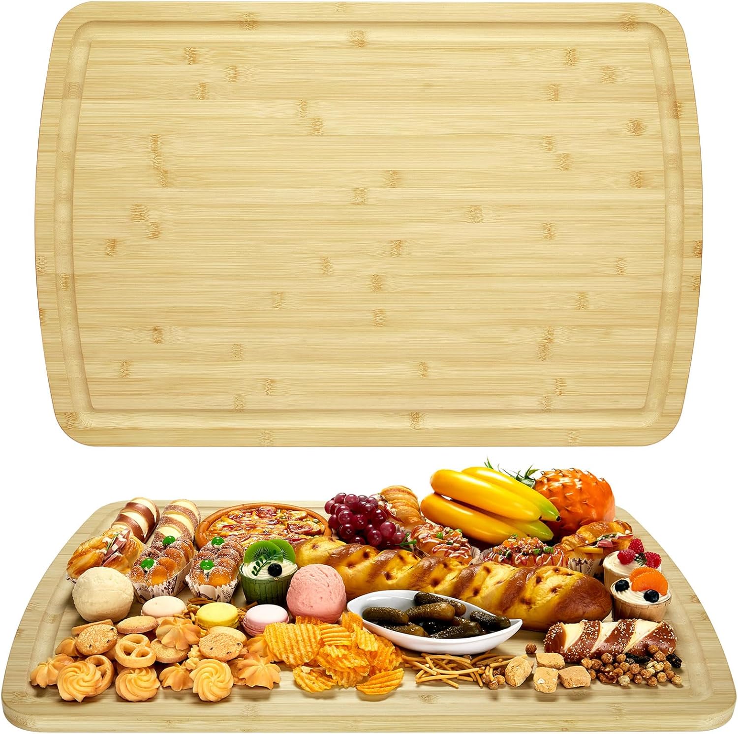 Bamboo Cutting Board - キッチン用竹製カッティングボード、深いジュース溝とハンドル付きの特大木製カッティングボード、頑丈なチョッピングボード、30インチ x 20インチのナイフに優しいハンドル付きサービングトレイ