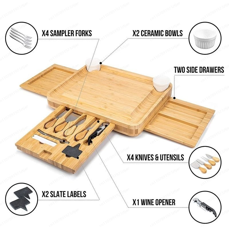 3段引き出し付き竹製チーズ＆カッティングボードセット、北欧ス - Bamboo Cutting Board のレビューと価格